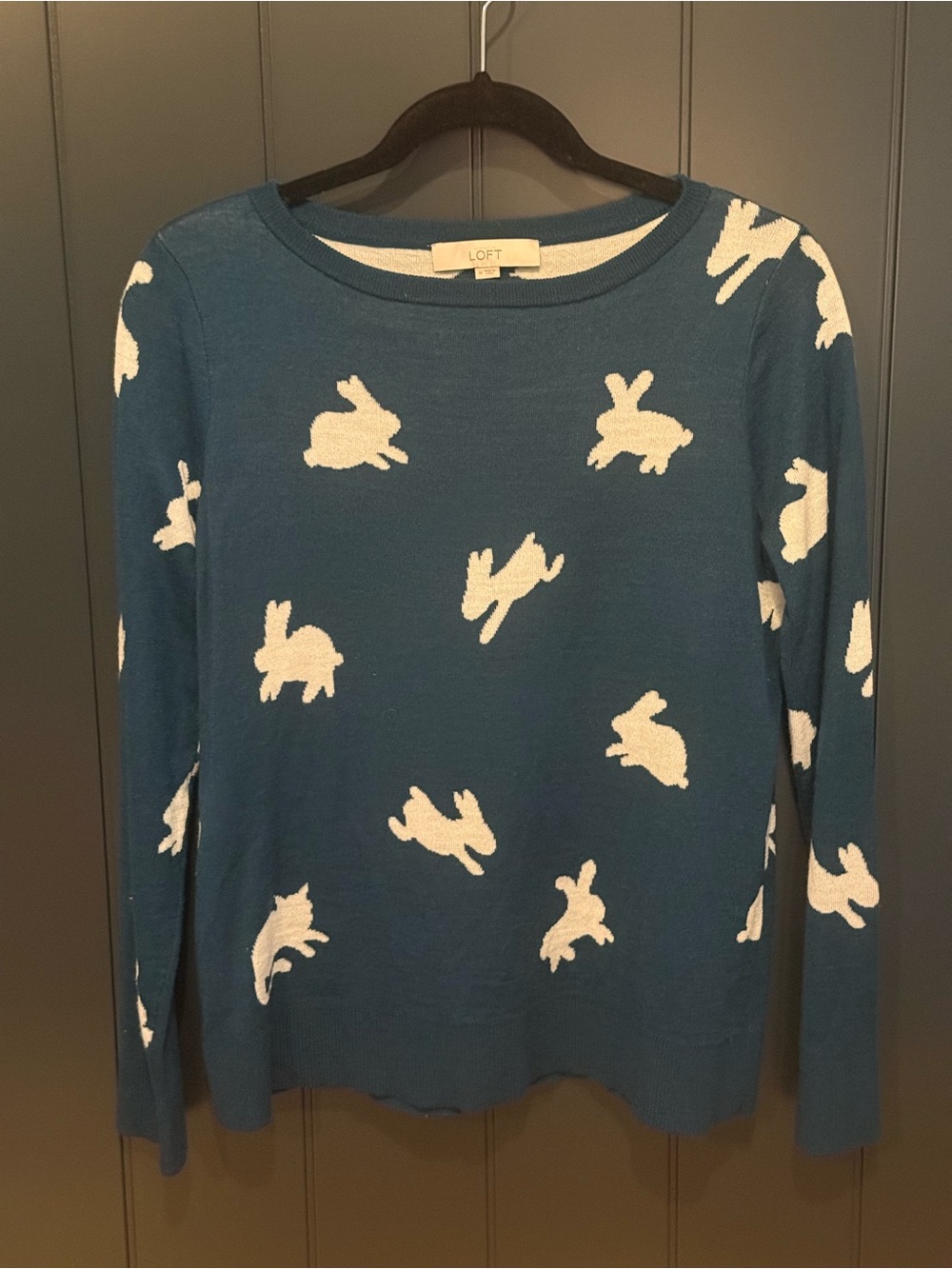 🐇 LOFT Women’s Dark Green Teal Bunmy Rabbit Pattern Crewneck Sweater - Size M